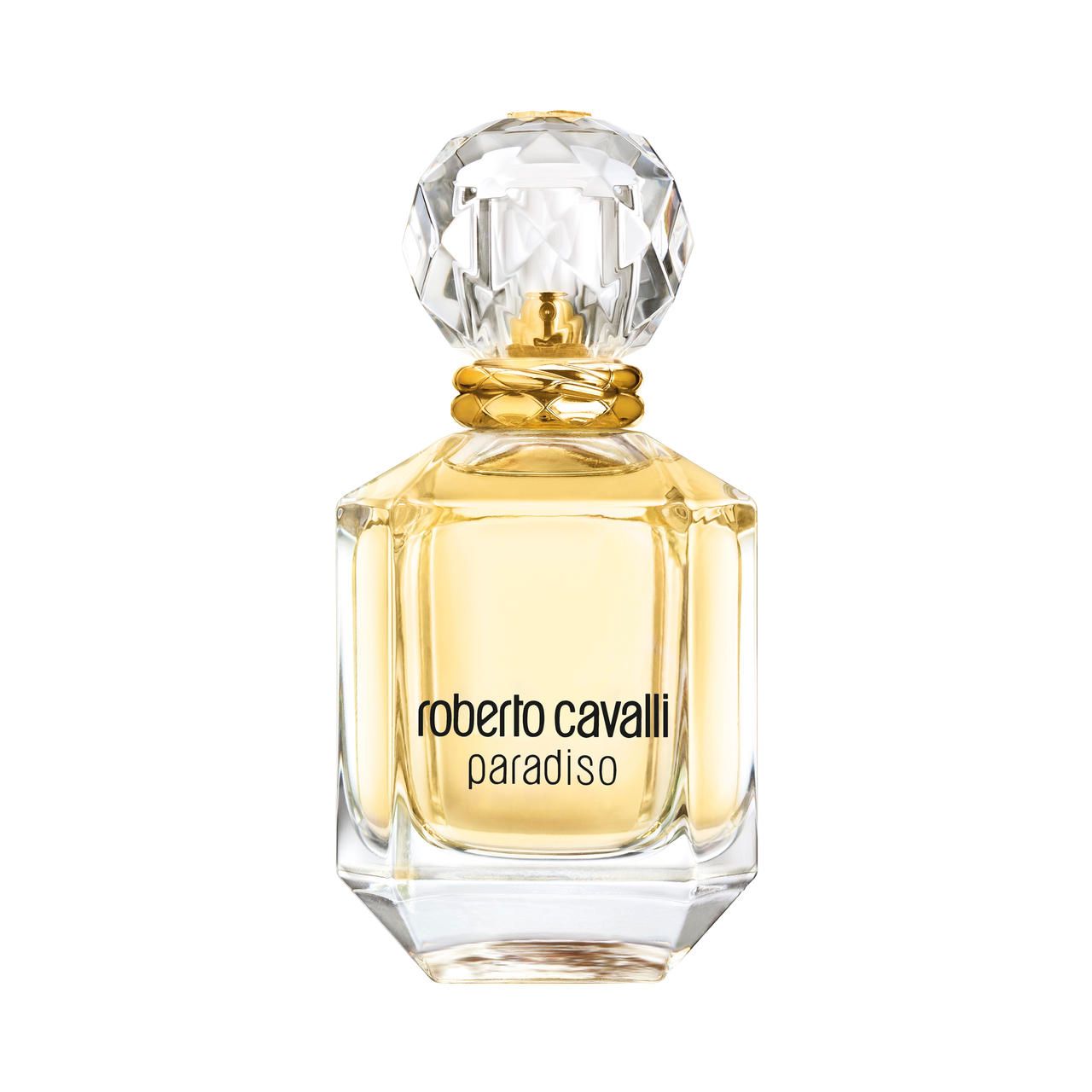 Roberto Cavalli Paradiso E.d.P. Nat. Spray. Flacone in vetro angolare con tappo dorato.
