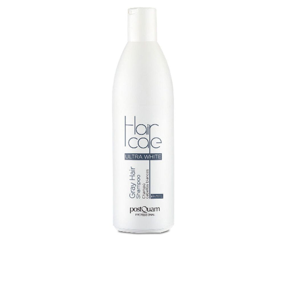 Flacone bianco con etichetta "Hair care Ultra White Gray Hair Shampoo". Marchio: Postquam. Vista verticale.