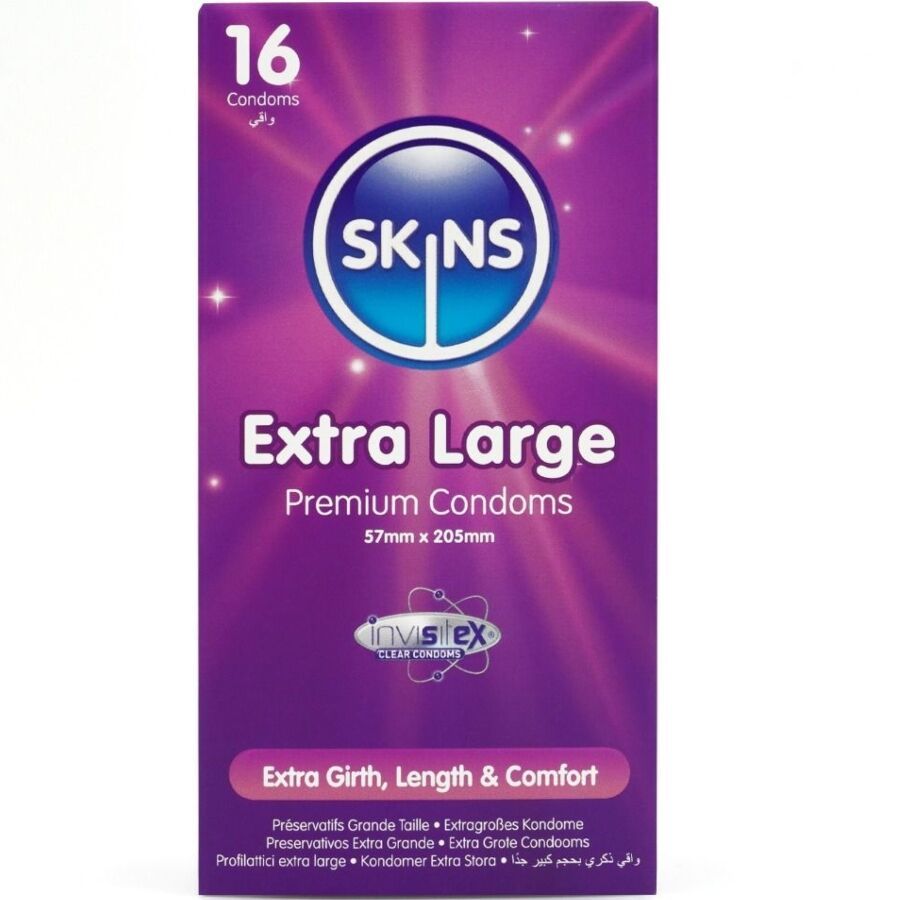 Confezione da 16 preservativi Skins Extra Large Premium. Scatola viola con motivo a stelle.