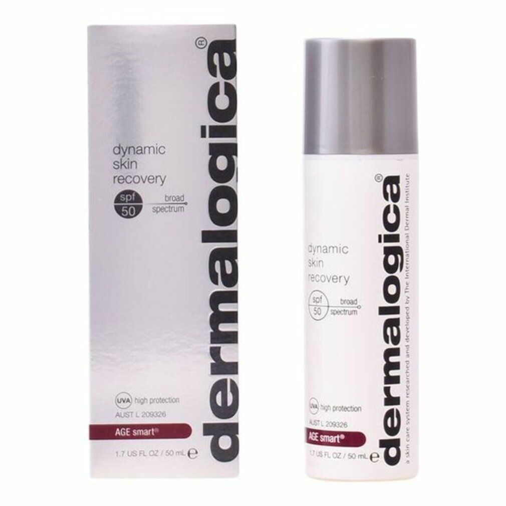 Prodotto e confezione. Prodotto bianco con tappo argentato. Testo: dynamic skin recovery, SPF 50, AGE smart, Dermalogica.