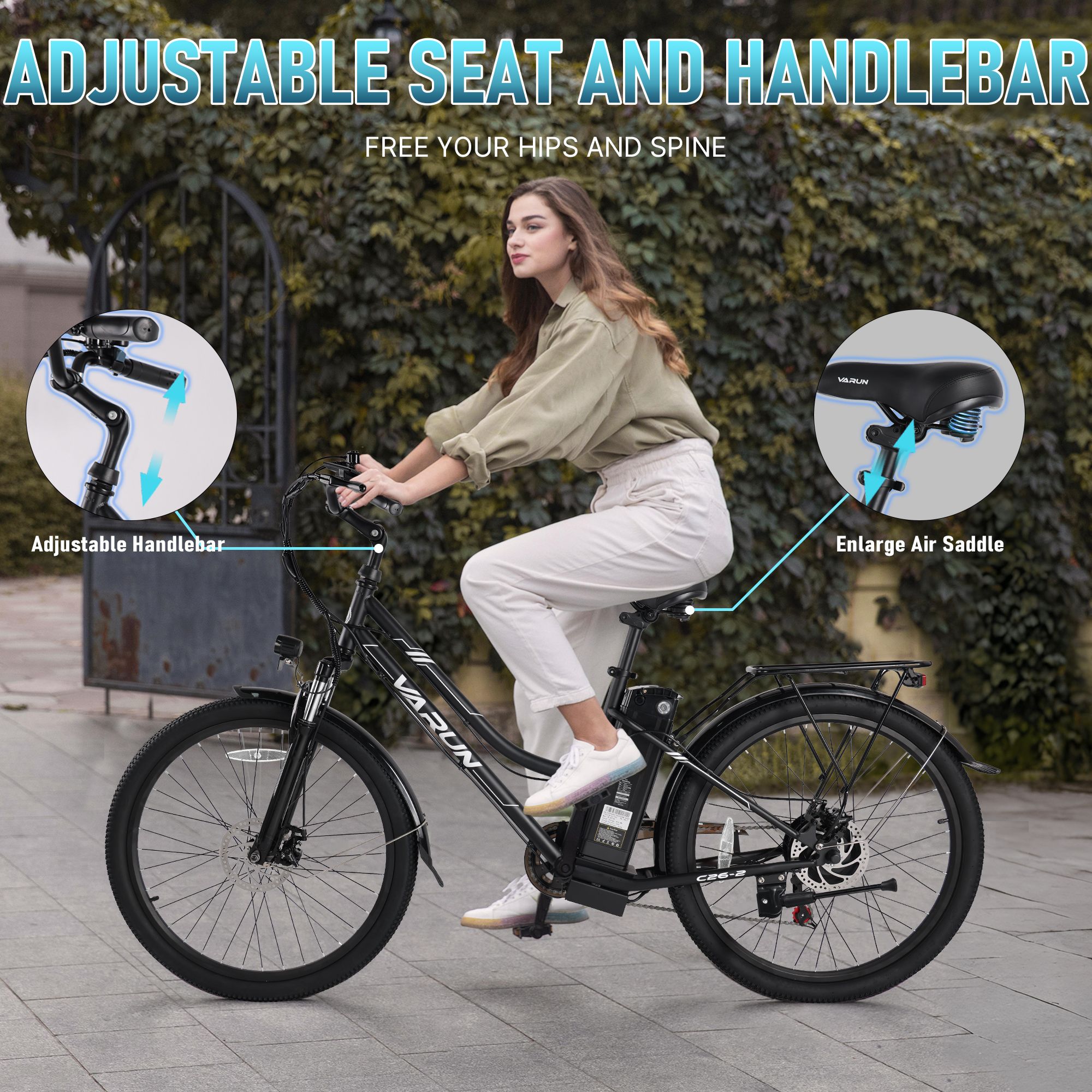 E-bike nera VARUN C26-2. Donna in bicicletta. Manubrio e sella regolabili. Pneumatici e parafanghi neri.