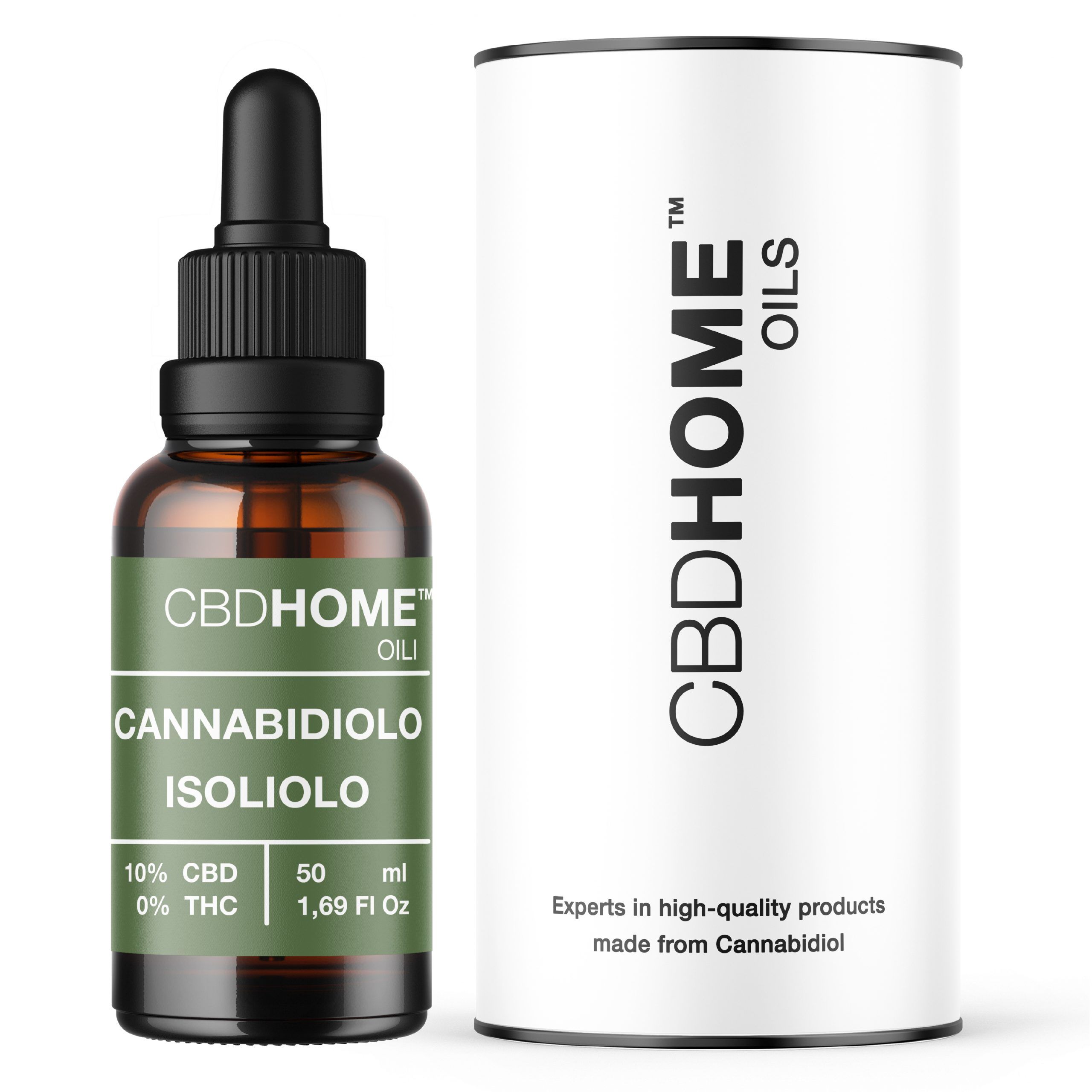 Olio isolato di CBD CBDHOME 10% CBD in flacone di vetro marrone con contagocce, accanto a un cilindro di confezione bianco.