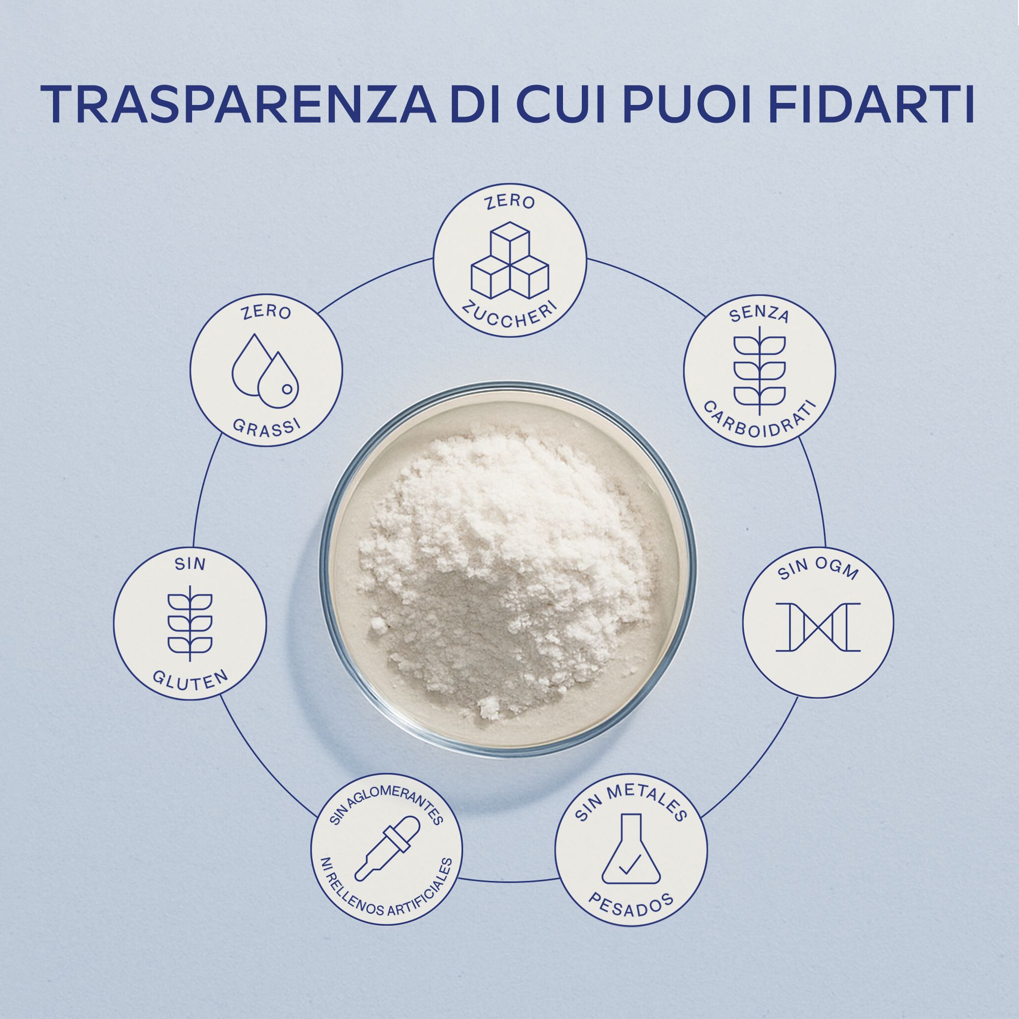 Disposizione circolare di simboli attorno a una ciotola di polvere. Senza zucchero, ecc.