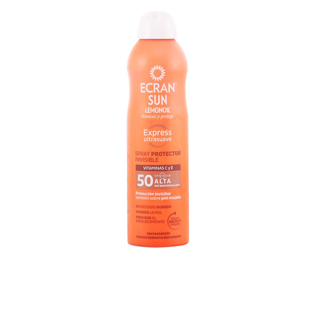 Spray solare Ecran Sun LemonOil SPF 50, formula protettiva invisibile e ultrasoffice.