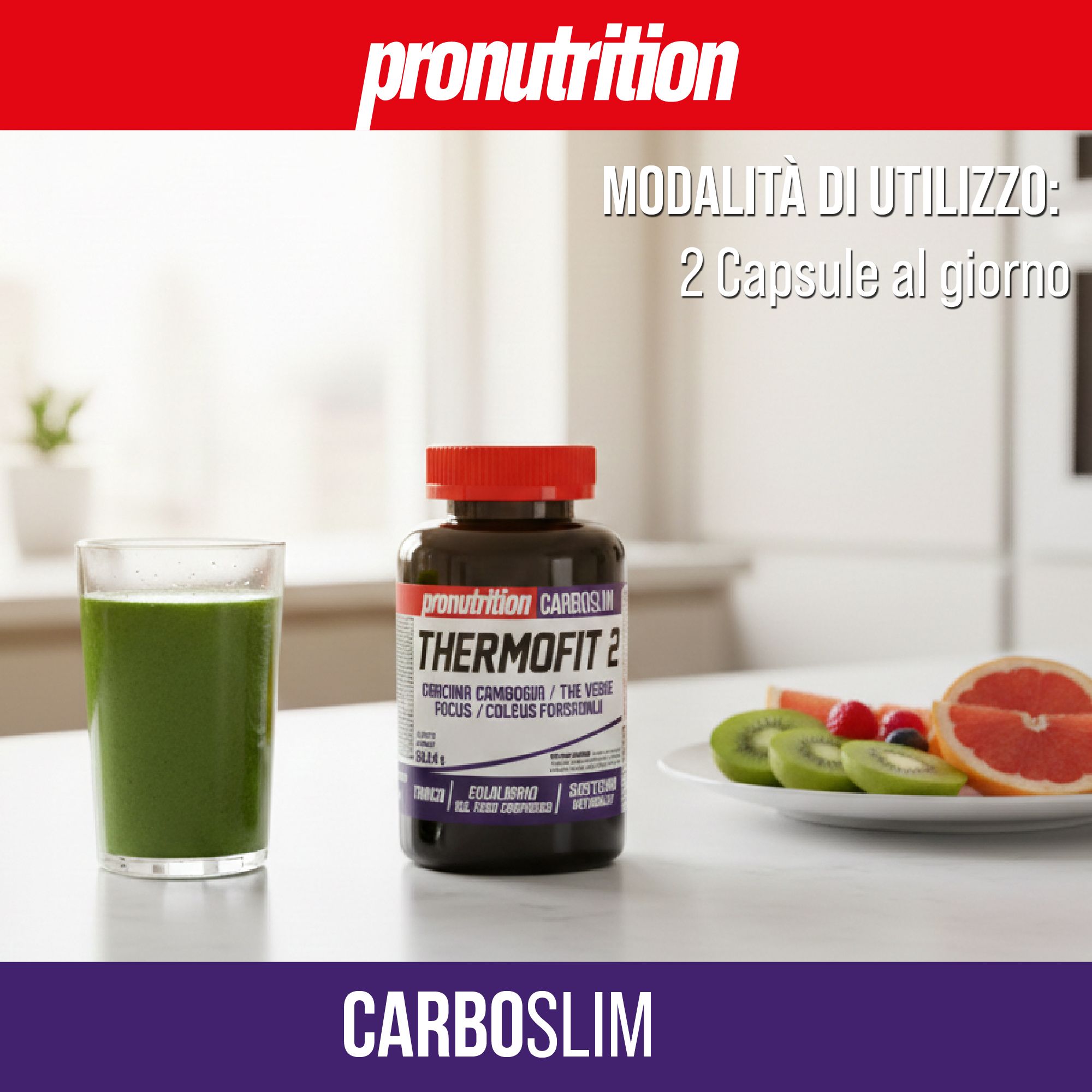 Flacone scuro con tappo rosso. Scritta Thermofit 2. Accanto, bicchiere con bevanda verde e piatto di frutta.
