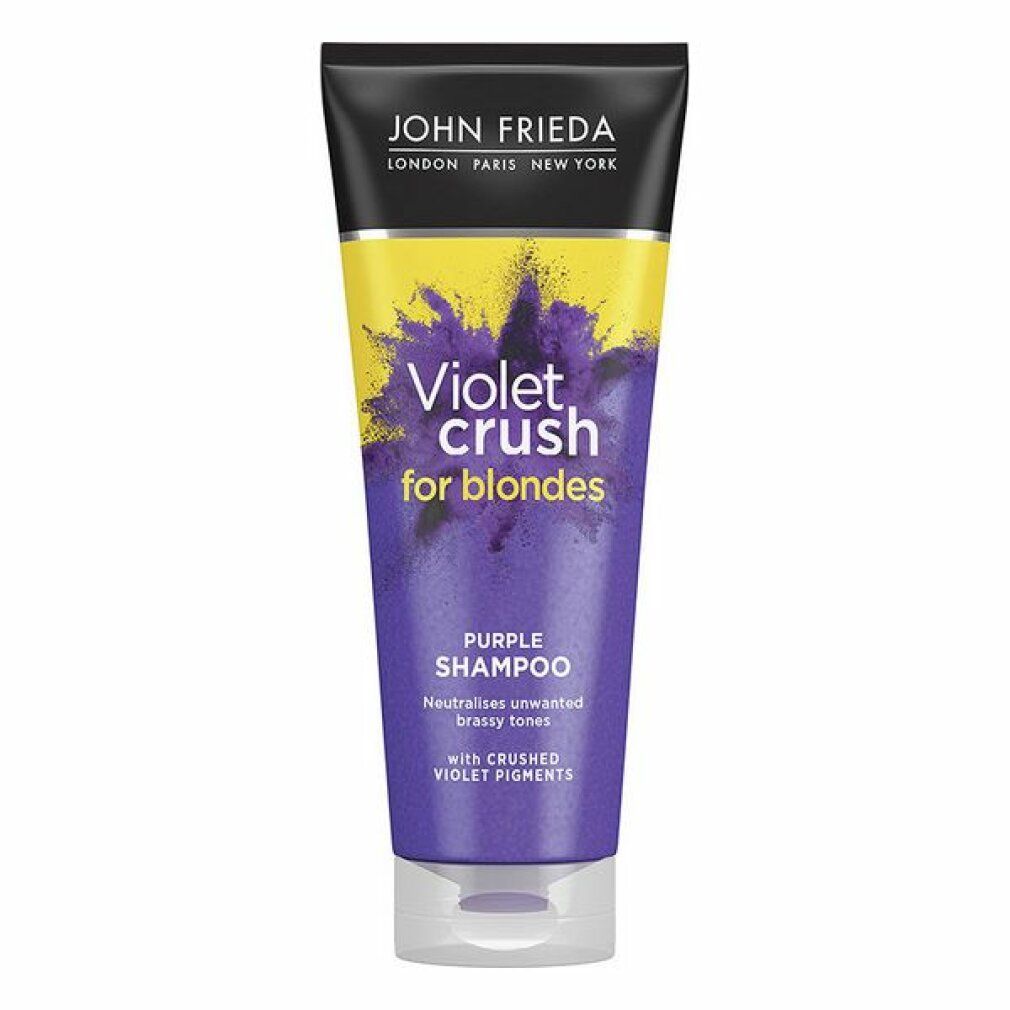 Tubo di shampoo viola. Tappo nero, sfondo giallo. Scritta: Violet Crush for blondes, Purple Shampoo.