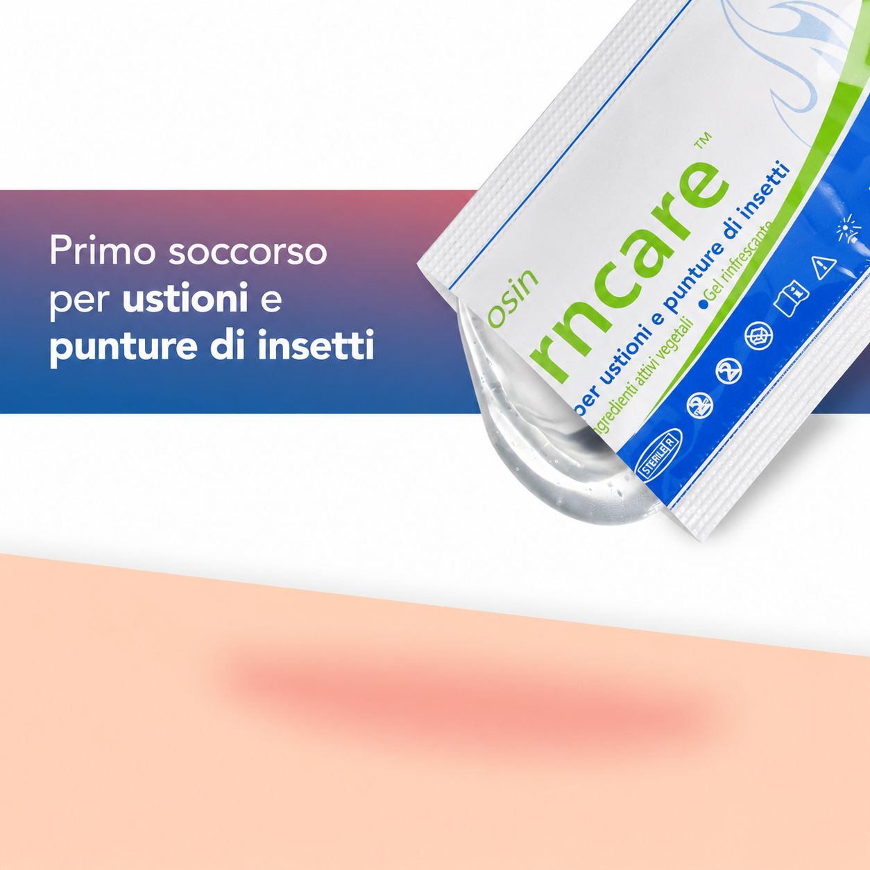 Confezione singola di gel per ustioni e punture di insetti. Il gel gocciola. Testo: Primo soccorso.
