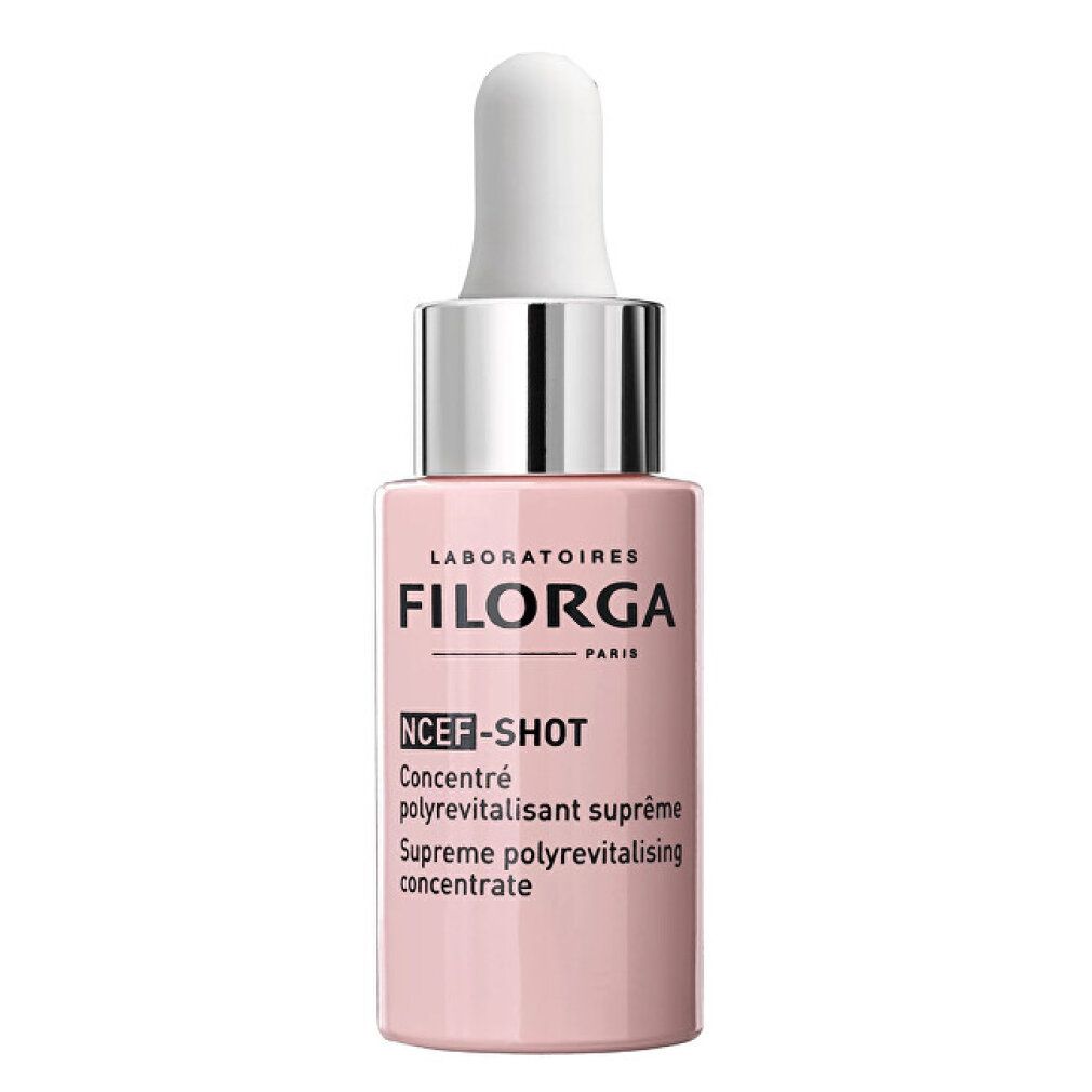 Flacone rosa con contagocce bianco. Scritta: FILORGA PARIS, NCEF-SHOT, Concentré polyrevitalisant suprême.