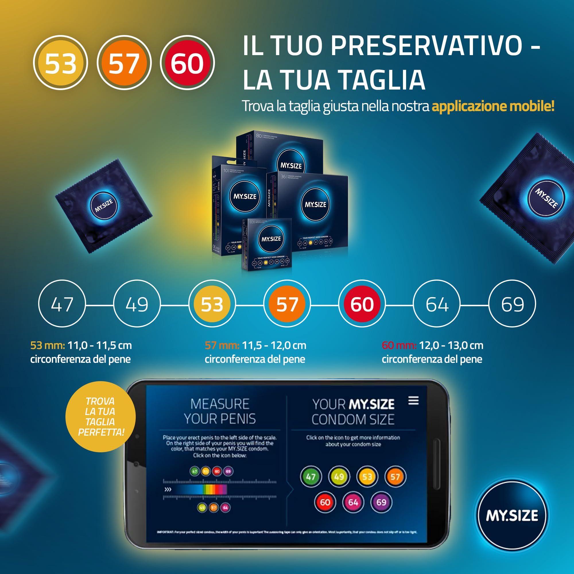Smartphone che mostra l'app MY.SIZE per la misurazione del preservativo, taglie 47-69.