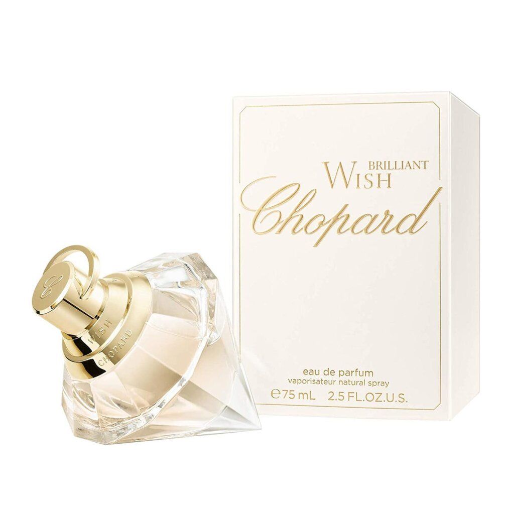 Flacone di profumo e confezione. Sulla confezione è scritto "Brilliant Wish Chopard".