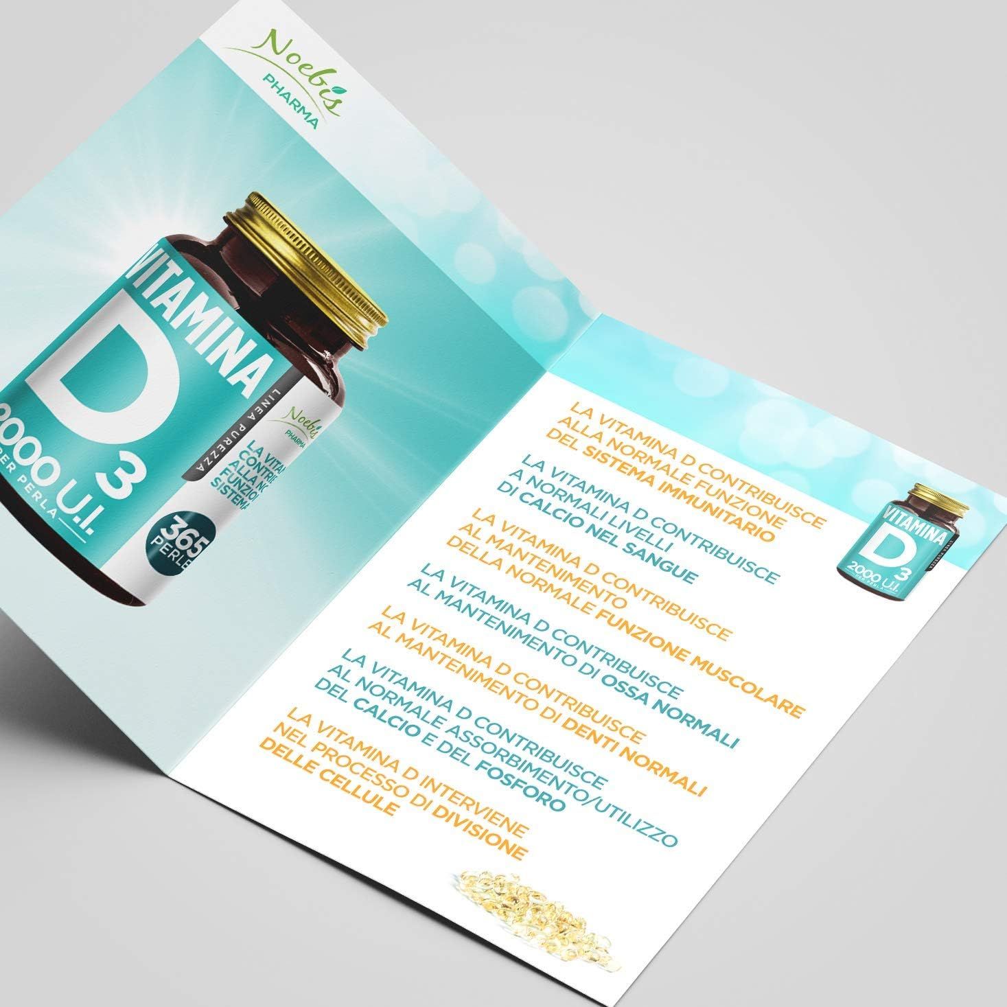 Flacone Vitamina D3 2000 UI e brochure con informazioni salute e logo Noebis Pharma.