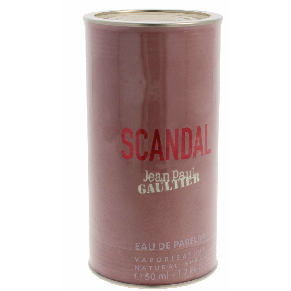 Confezione cilindrica. Scritto: SCANDAL, Jean Paul Gaultier, Eau de Parfum, 50 ml.