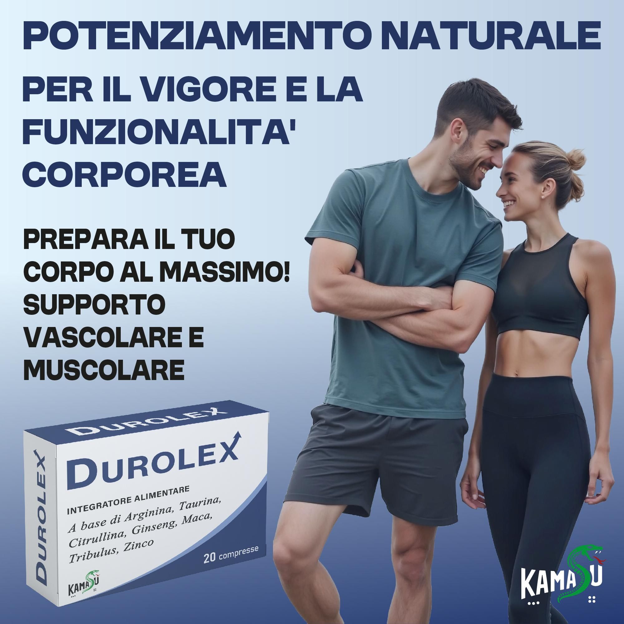 Scatola Durolex con testo e coppia. Logo Kamasù.