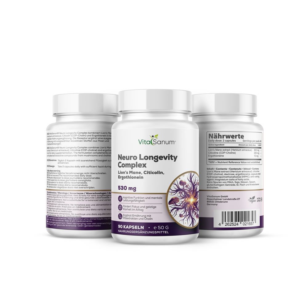 VitaSanum Neuro Longevity Complex Capsule, 90 pezzi, vista frontale e posteriore.