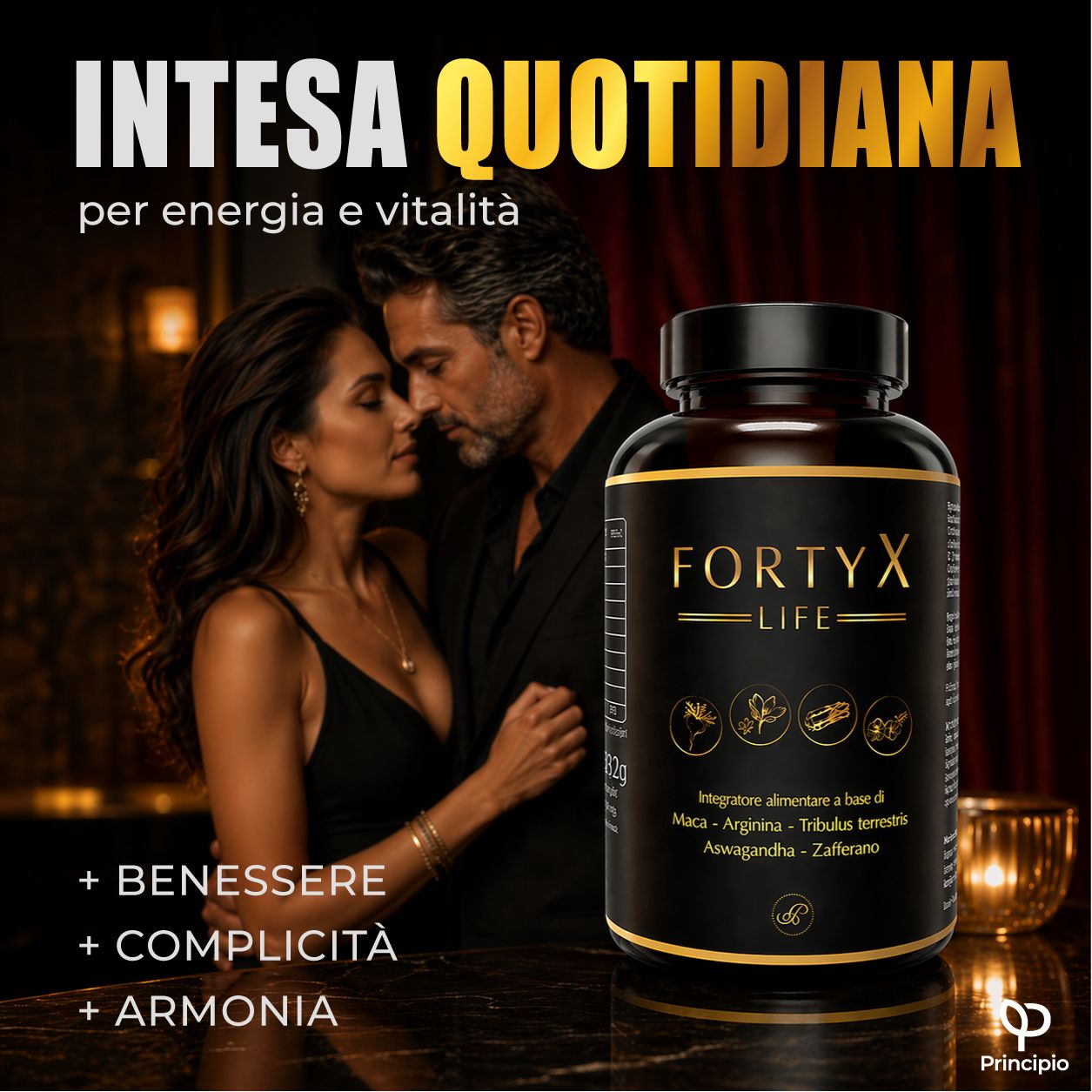 Coppia che si abbraccia davanti a un flacone FORTYX LIFE. Testo: Benessere, complicità, armonia. Flacone marrone.