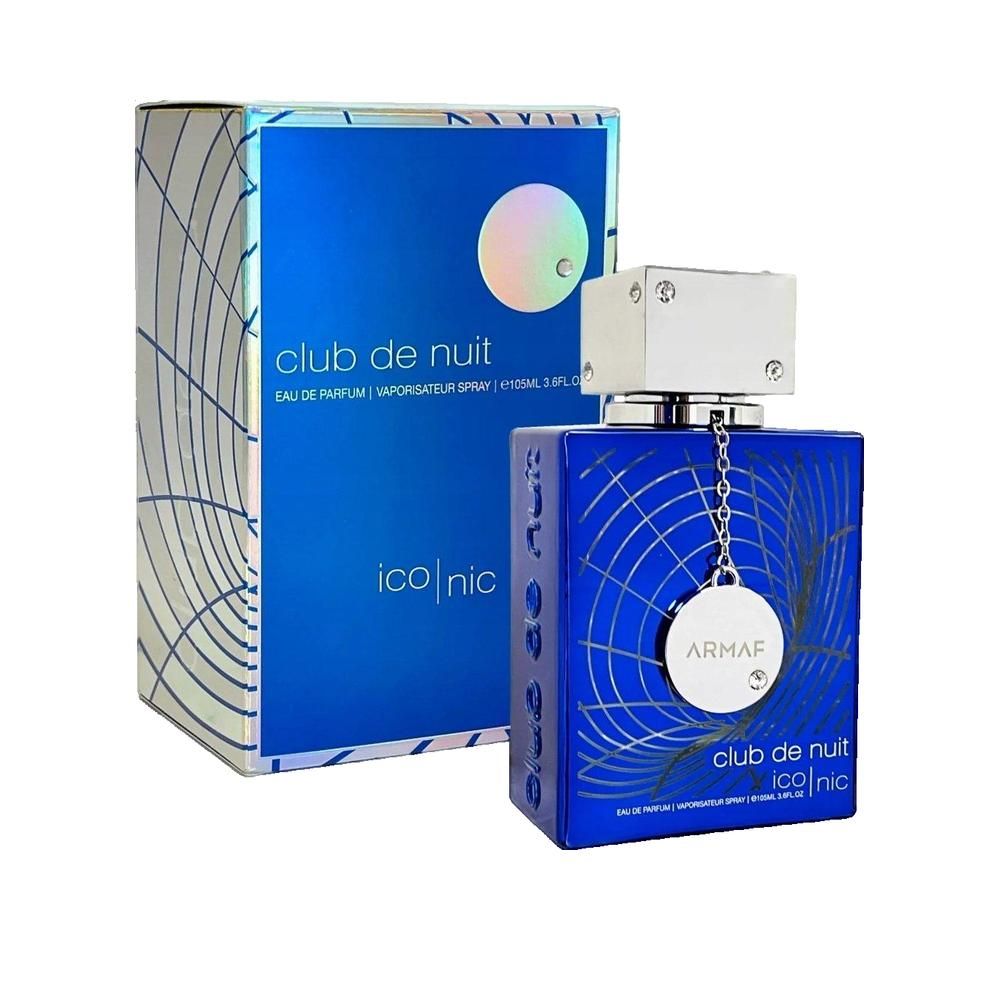 Flacone blu e confezione. Scritta Club de Nuit Iconic. Tappo argentato. Logo Armaf. Linee decorative.