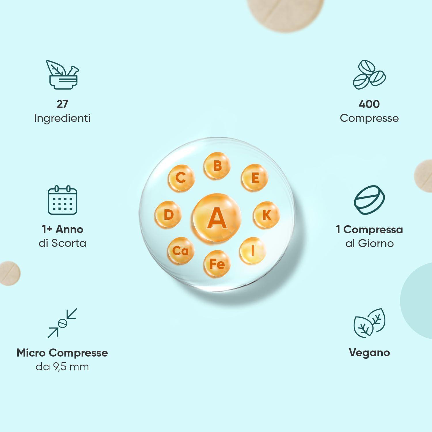 Cerchio con vitamine e minerali. 27 ingredienti. 400 compresse. 1 compressa al giorno. Vegano.