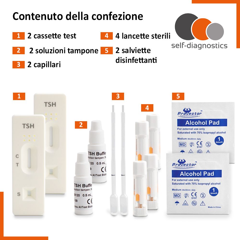 Contenuto del test: 2 cassette test, 2 soluzioni tampone, 2 capillari, 4 lancette, 2 salviette disinfettanti.