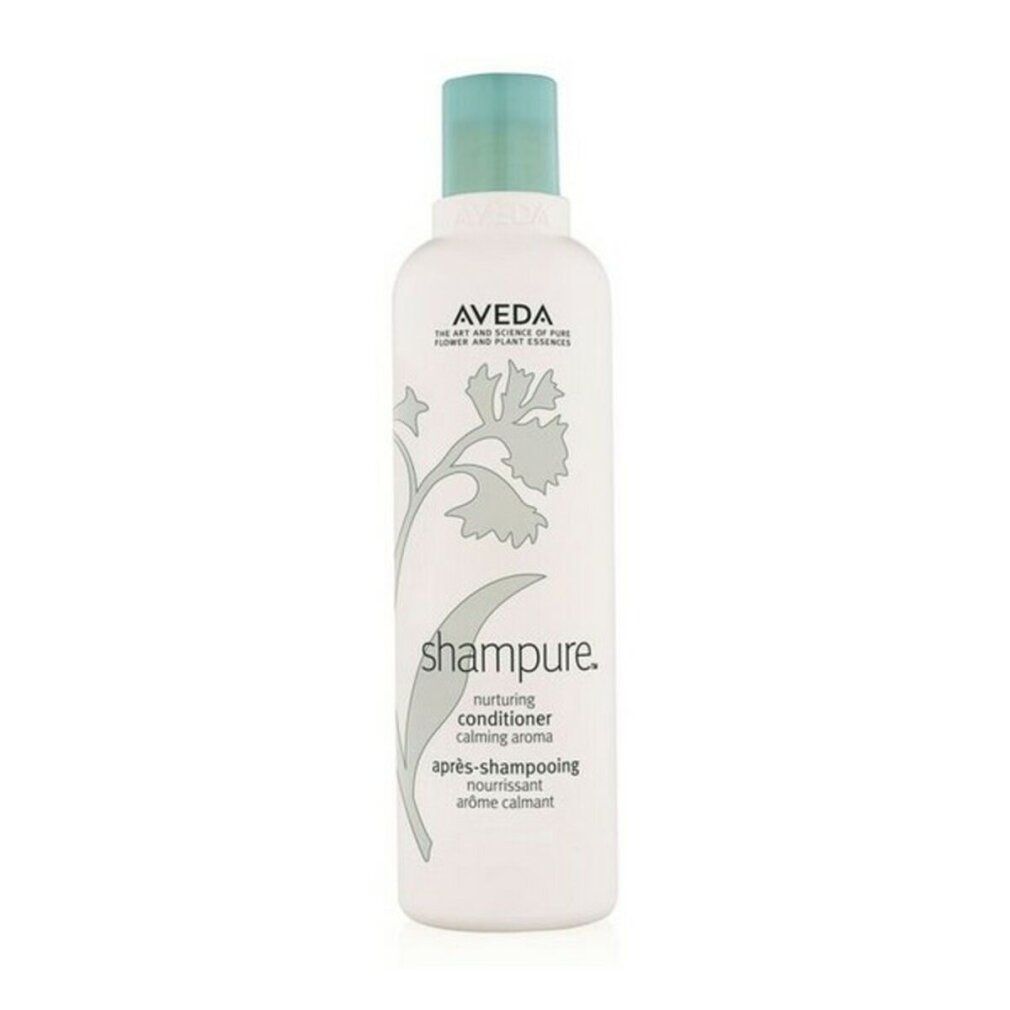 Flacone bianco con tappo blu. Scritta Aveda, Shampure, Nurturing Conditioner. Design floreale.