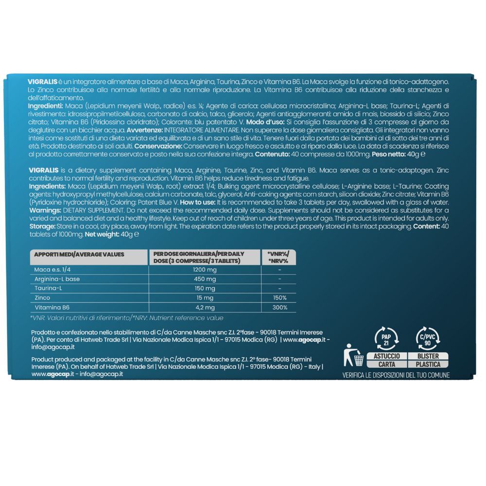 Retro della confezione Vigralis. Contiene informazioni su ingredienti, uso e valori nutrizionali. Con simboli di riciclaggio.