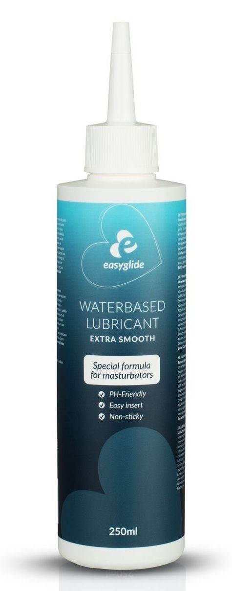 Flacone con tappo e applicatore bianchi. Scritta: Easyglide Waterbased Lubricant Extra Smooth. Formula speciale per masturbatori.