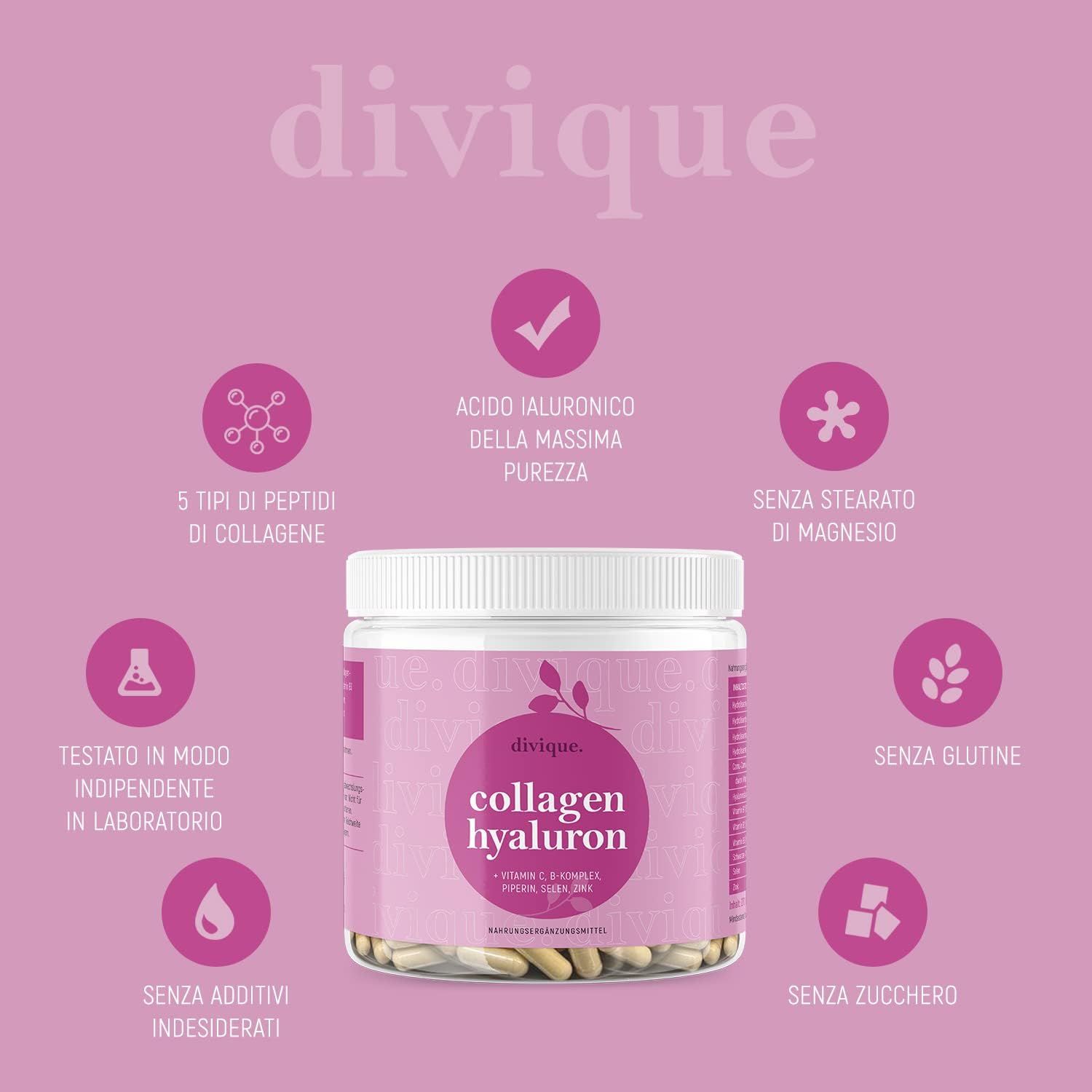 Barattolo rosa con capsule. Testo: Divique Collagen Hyaluron. Testo: acido ialuronico, 5 tipi di collagene, senza stearato di magnesio, senza zucchero.