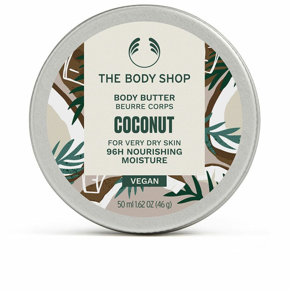 Barattolo rotondo con coperchio. Scritta: THE BODY SHOP, Body Butter, Cocco, per pelli molto secche, 96H idratazione. Vegano. Decorazione cocco.