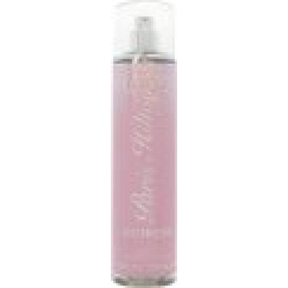 Spray corpo in flacone cilindrico con vaporizzatore. Sfumatura rosa. Testo: Paris Hilton, Heiress, Body Mist.