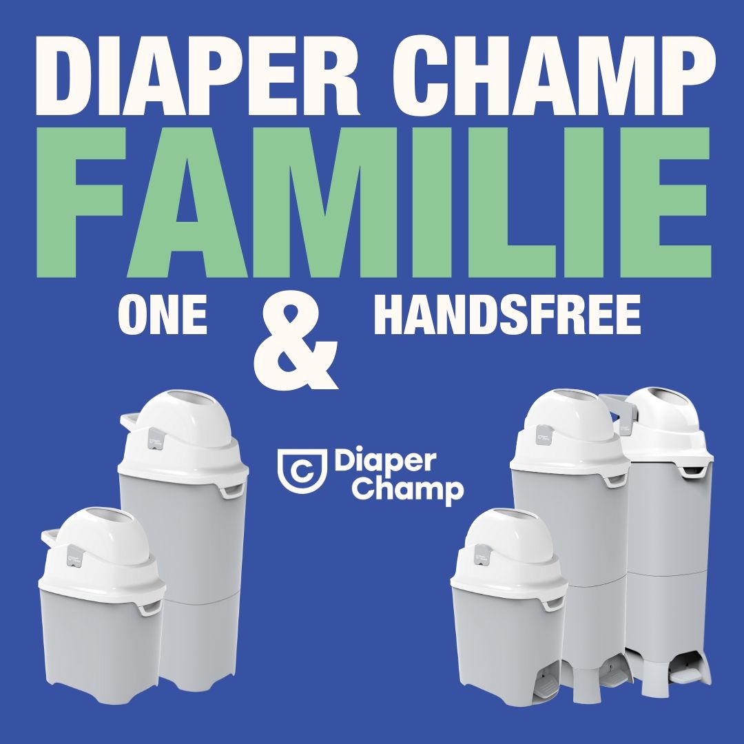 Famiglia di pattumiere per pannolini, grigie e bianche. Diversi modelli. Testo: FAMIGLIA DIAPER CHAMP. Logo: Diaper Champ.