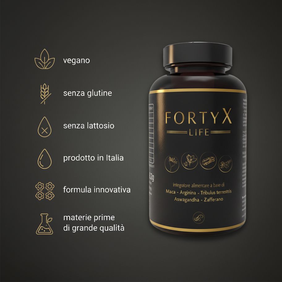 Flacone nero con testo dorato. Scritta: FORTY X LIFE. Vegano, senza glutine, senza lattosio, prodotto in Italia.