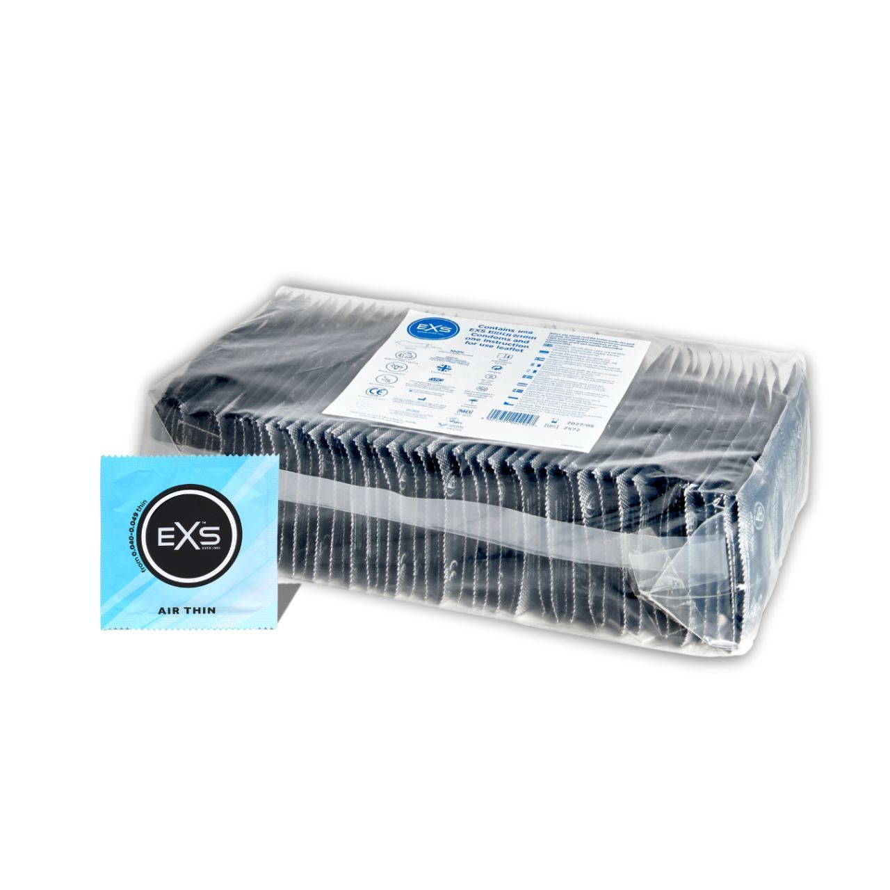 Una confezione grande con molti preservativi EXS Air Thin confezionati singolarmente.