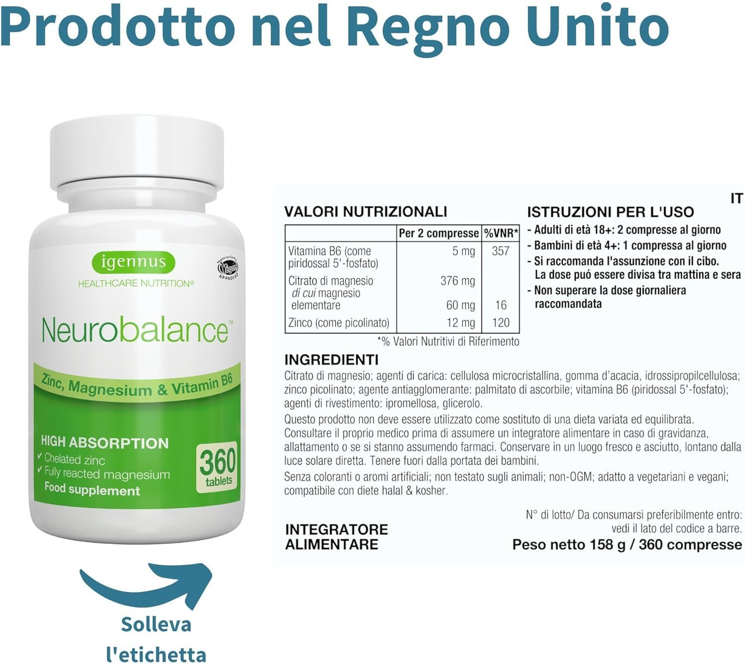 Retro della bottiglia Igennus Neurobalance con testo e informazioni. Testo: Prodotto nel Regno Unito.