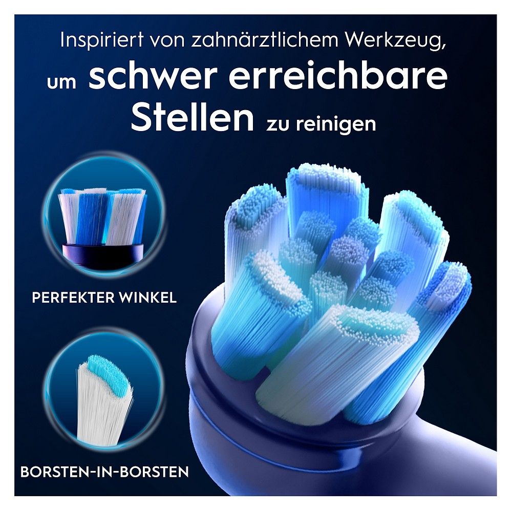 Testina Oral-B iO ispirata agli strumenti dentali. Mostra "Angolo perfetto" e "Setole in setole" per aree difficili da raggiungere.