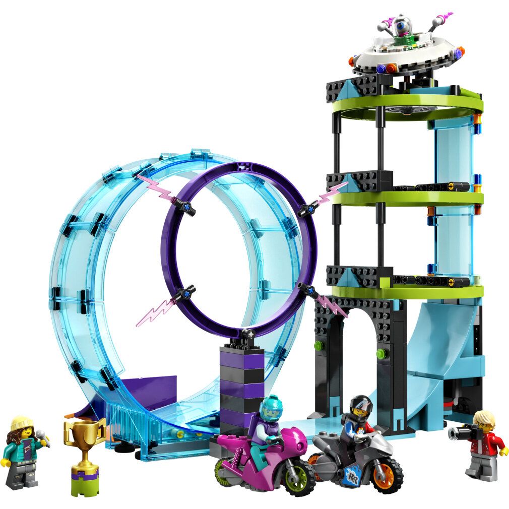 Set LEGO City Stuntz. Include pista con loop, moto, personaggi e accessori. Singoli elementi visibili.