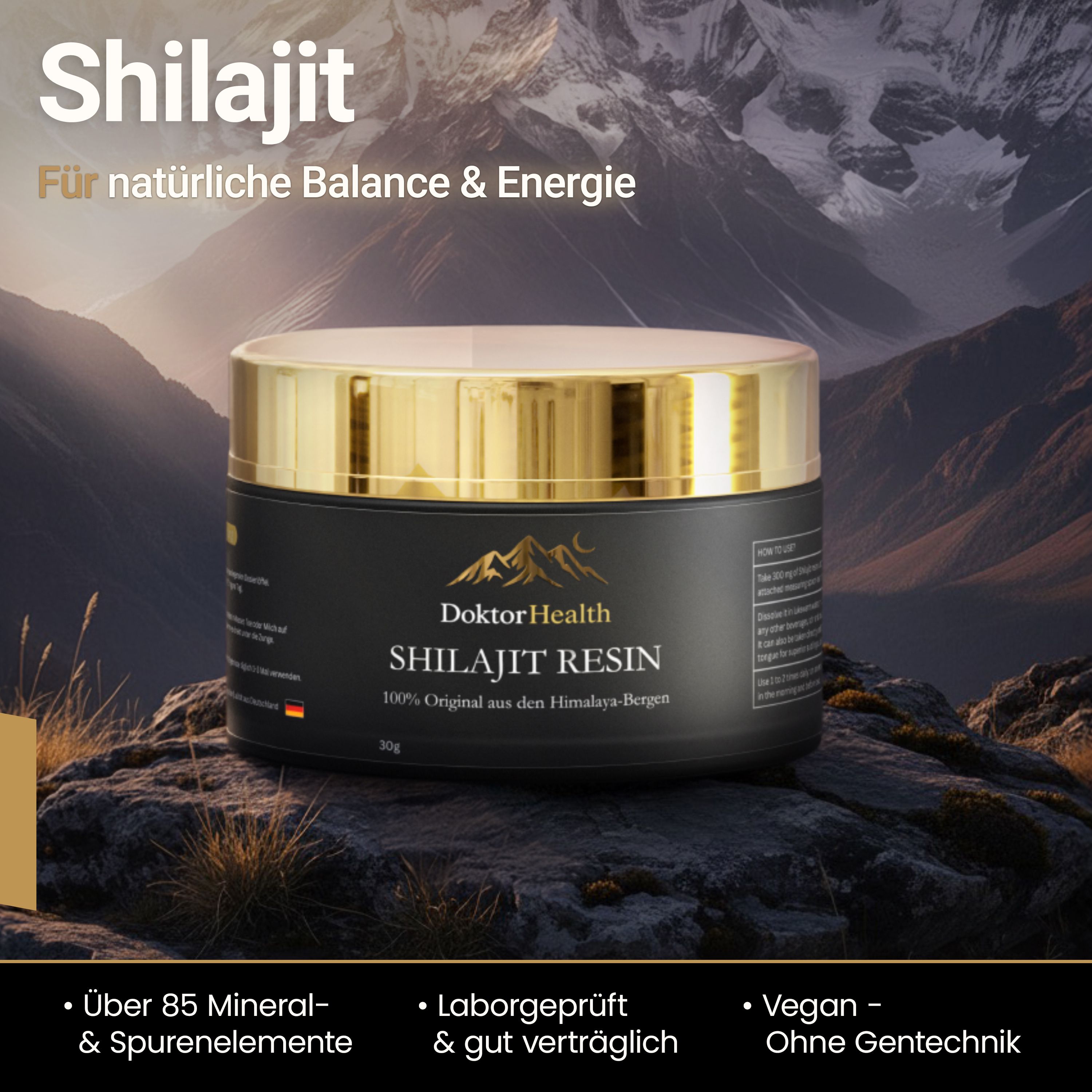 Barattolo di resina di shilajit, coperchio dorato, etichetta nera. Testo: Doktor Health, 100% originale dalle montagne dell'Himalaya.