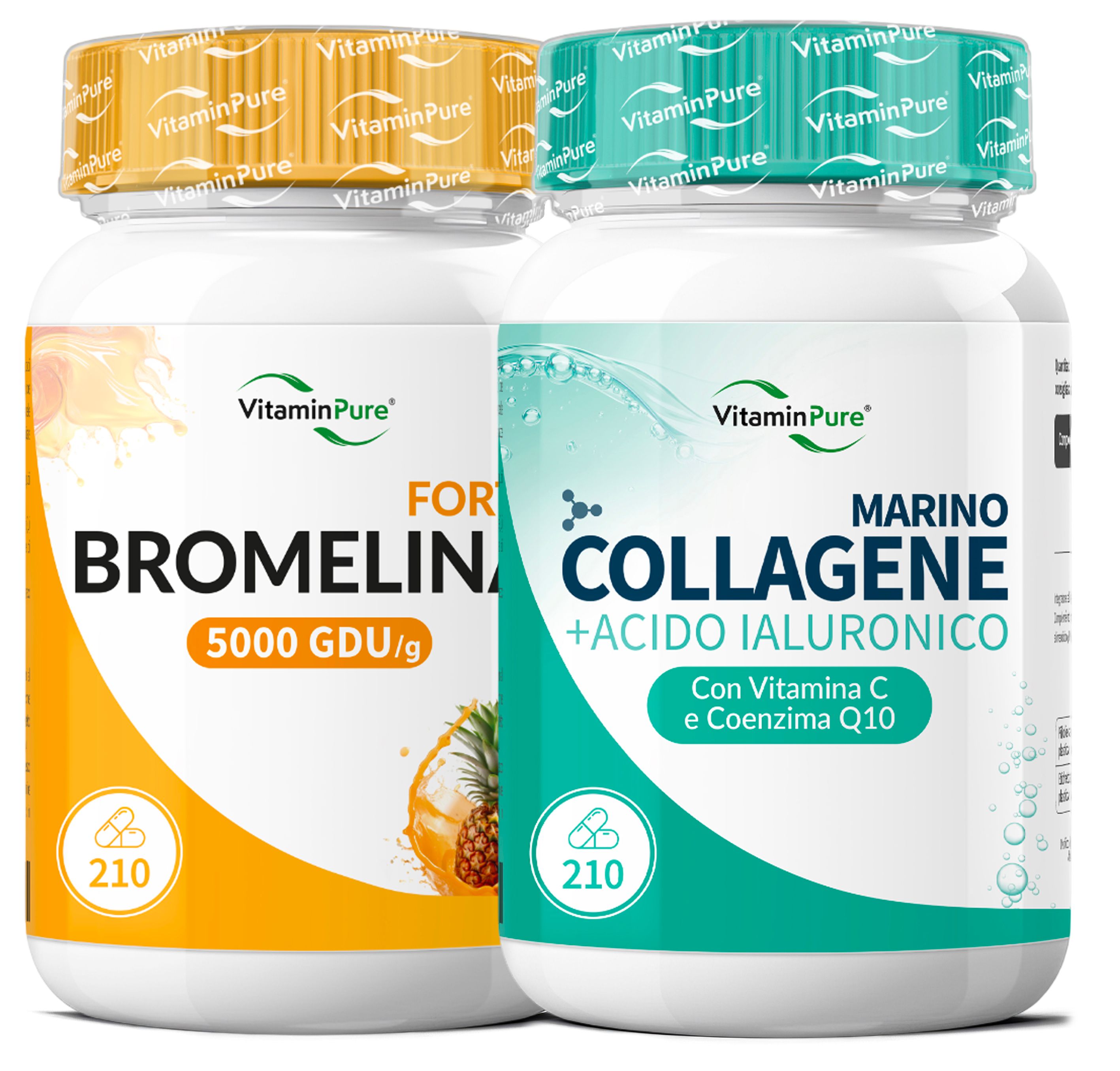 PROMO VitaminPure® Bromelina 5000 GDU + Collagene Marino e Acido Ialuronico, Drenante, Tonicità e Fu
