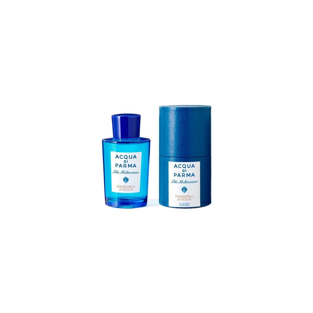 Flacone e confezione di eau de toilette. Scritta: ACQUA DI PARMA Blu Mediterraneo Mandorlo di Sicilia.