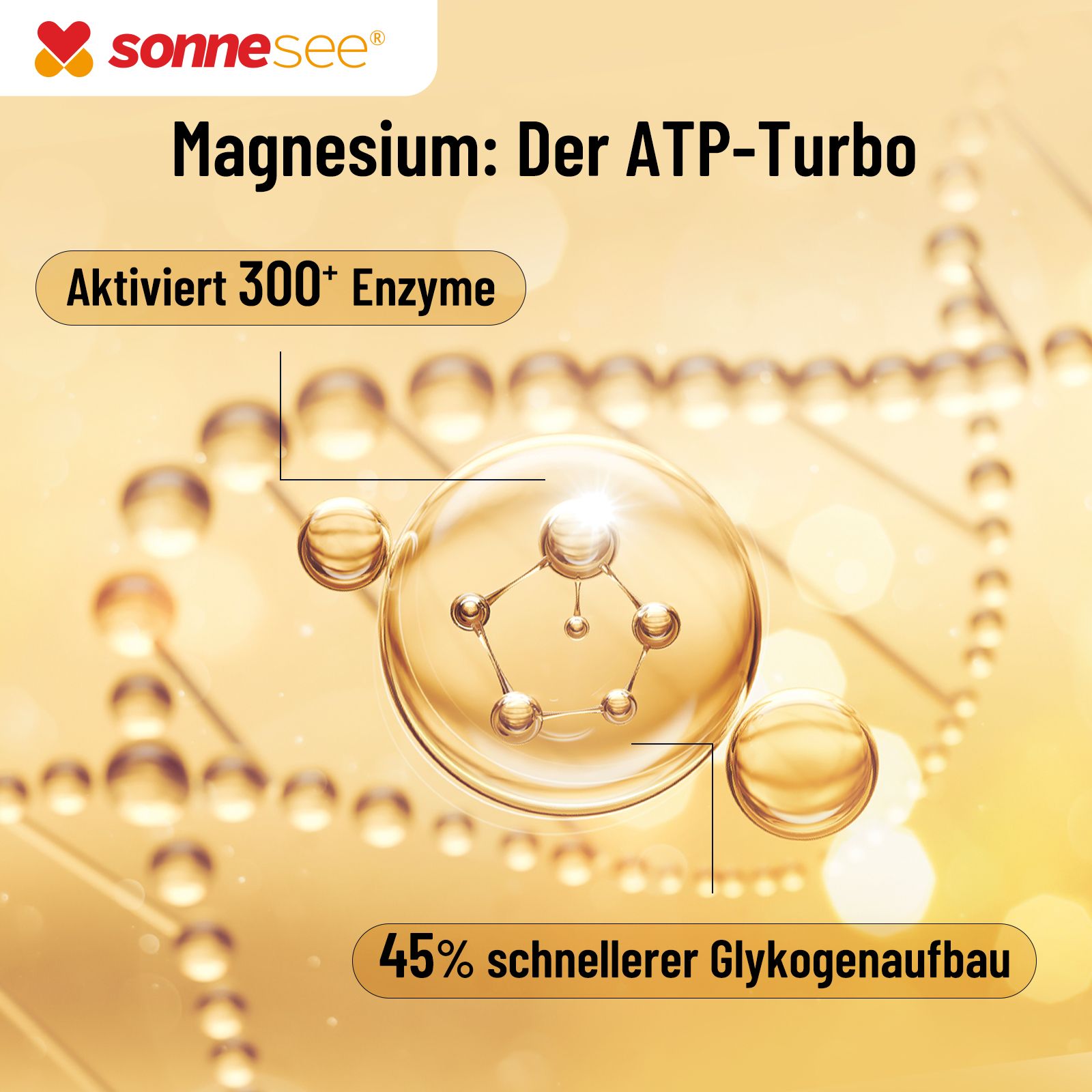 SonneSee Magnesio: Turbo ATP. Attiva 300+ enzimi, 45% più rapida sintesi del glicogeno. Rappresentazione molecolare.