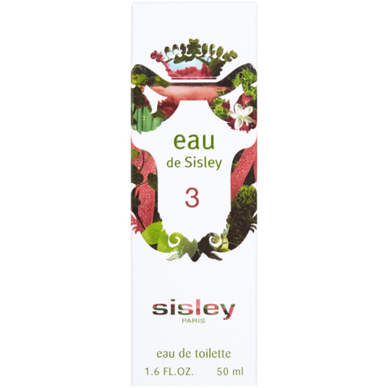 Confezione bianca con design floreale e "eau de Sisley 3". Marchio "Sisley Paris".