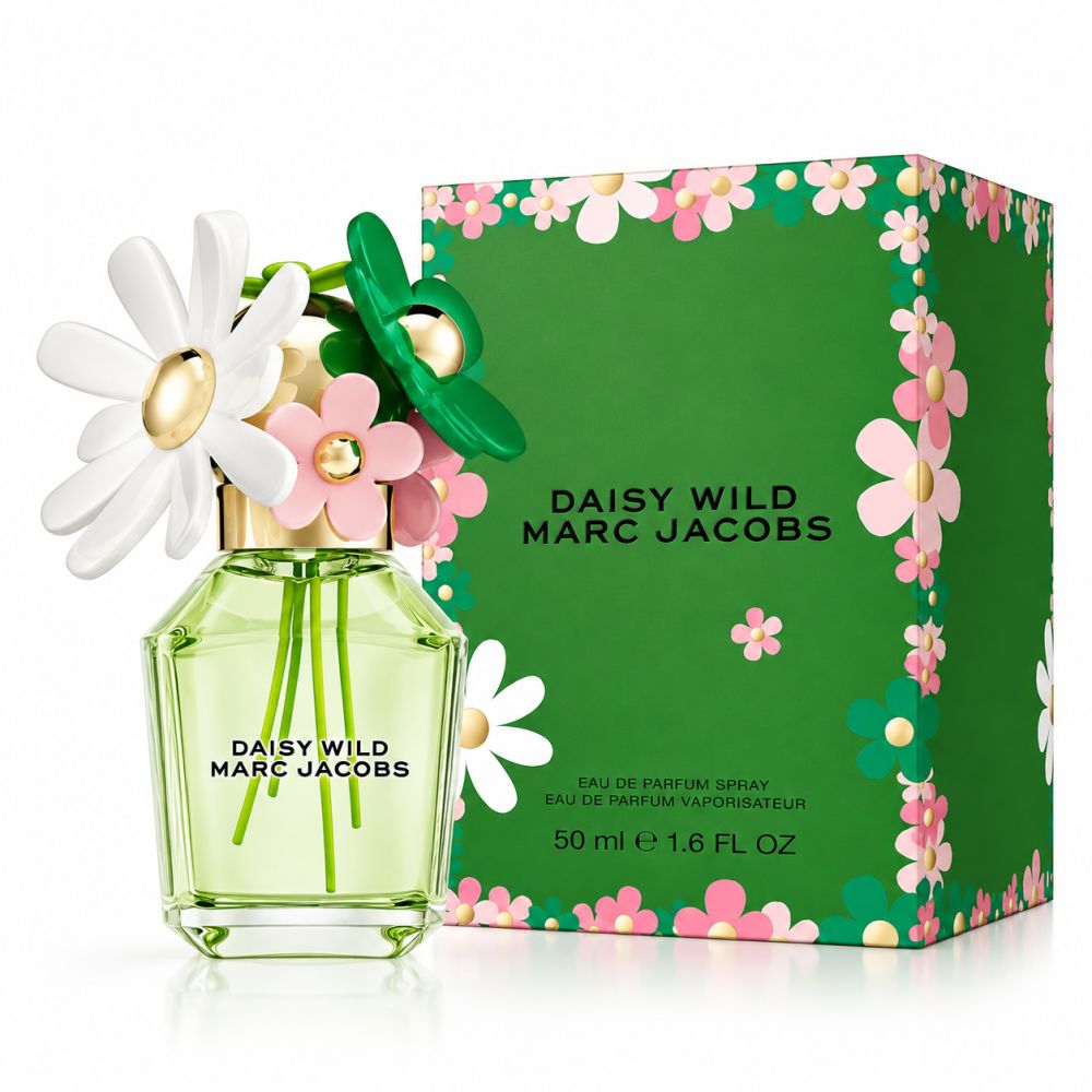Flacone Daisy Wild Eau de Parfum con tappo floreale e scatola verde a motivi floreali.
