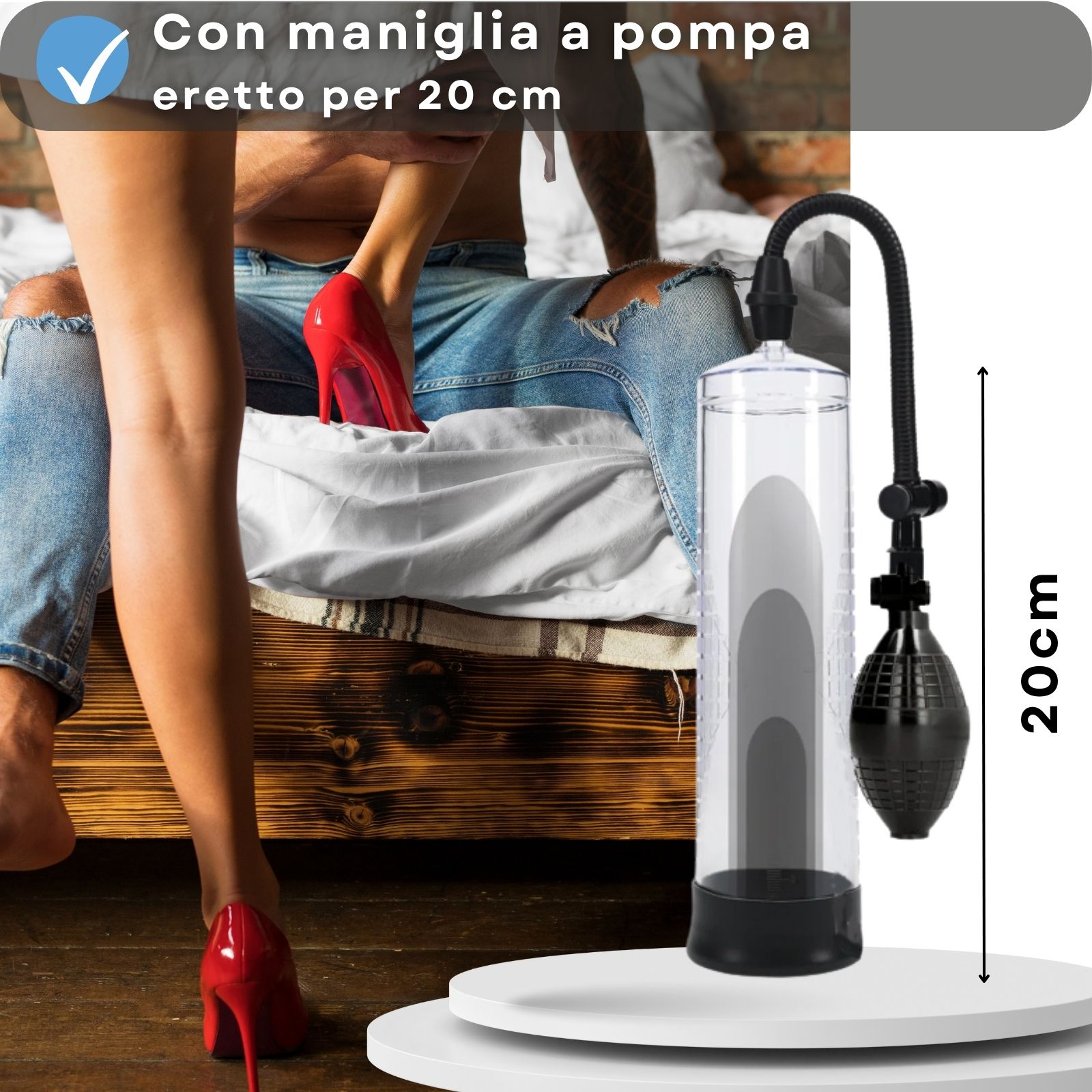 Prodotto con testo: Con maniglia a pompa eretto per 20 cm. Donna con scarpe rosse.