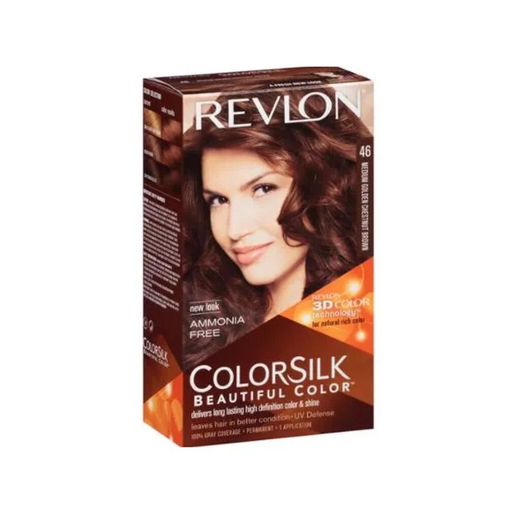 Scatola Revlon Colorsilk. Castano dorato medio. Senza ammoniaca. Donna con capelli castani. Tecnologia 3D Color Gel.