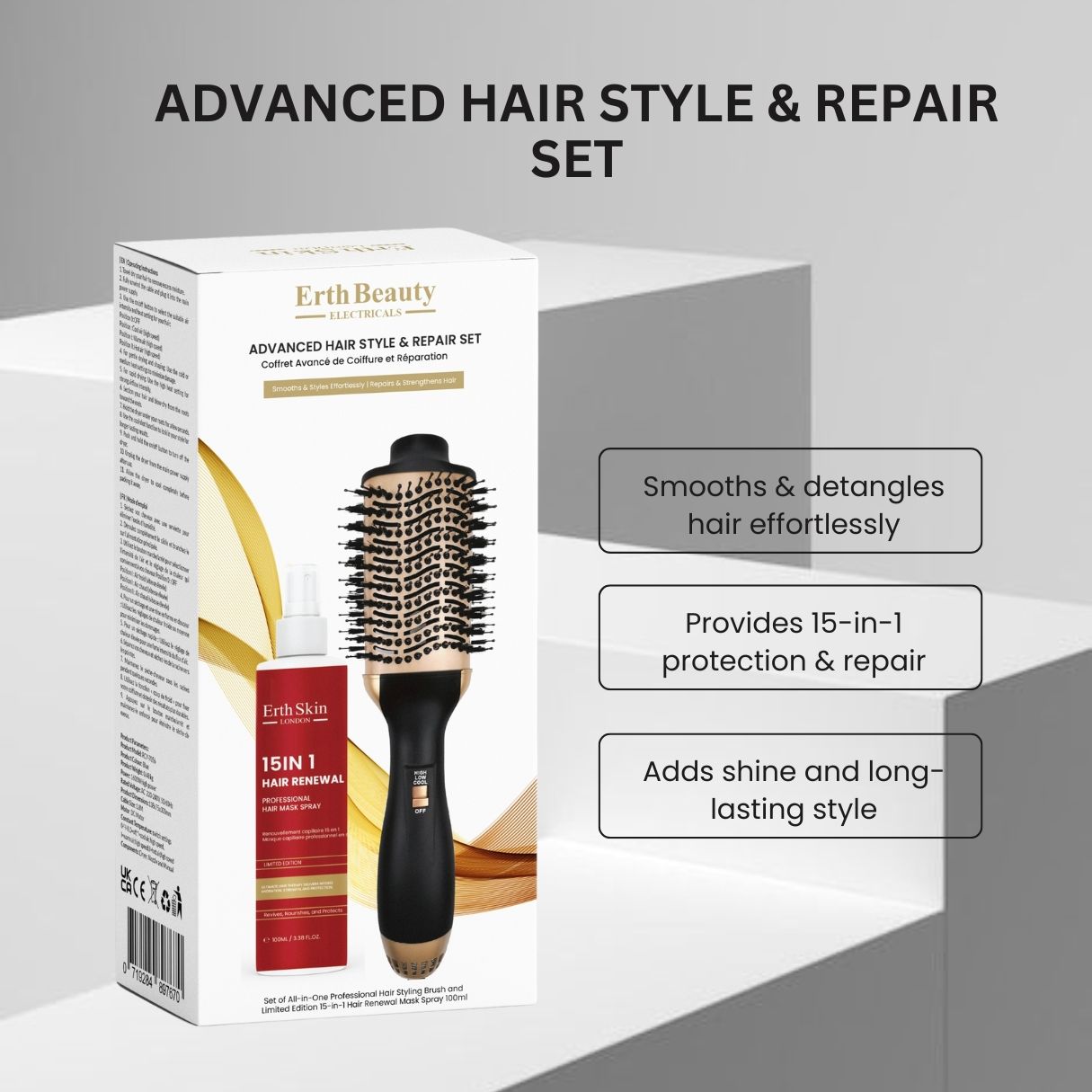Confezione del set per styling e riparazione capelli con immagini prodotto e testo.