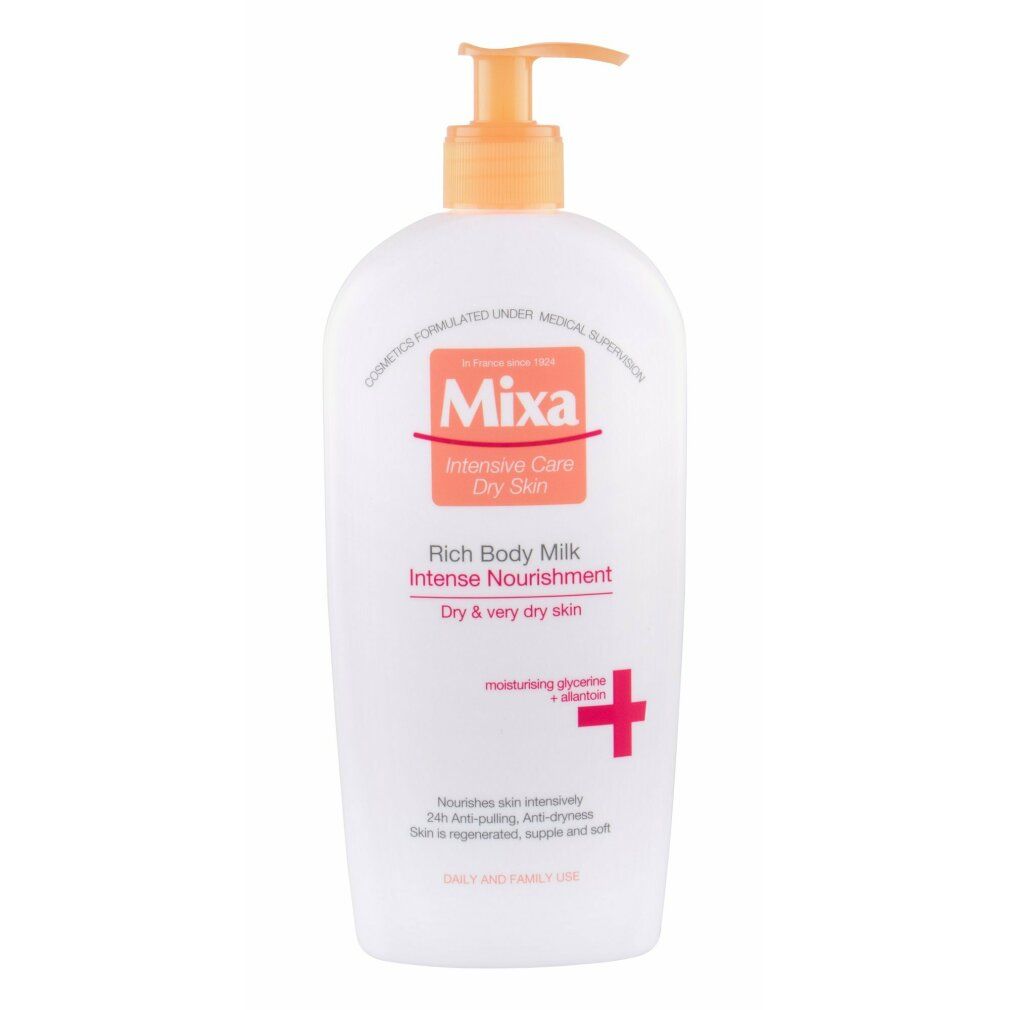 Flacone bianco con erogatore arancione. Scritta: Mixa, Intensive Care, Rich Body Milk, Intense Nourishment.