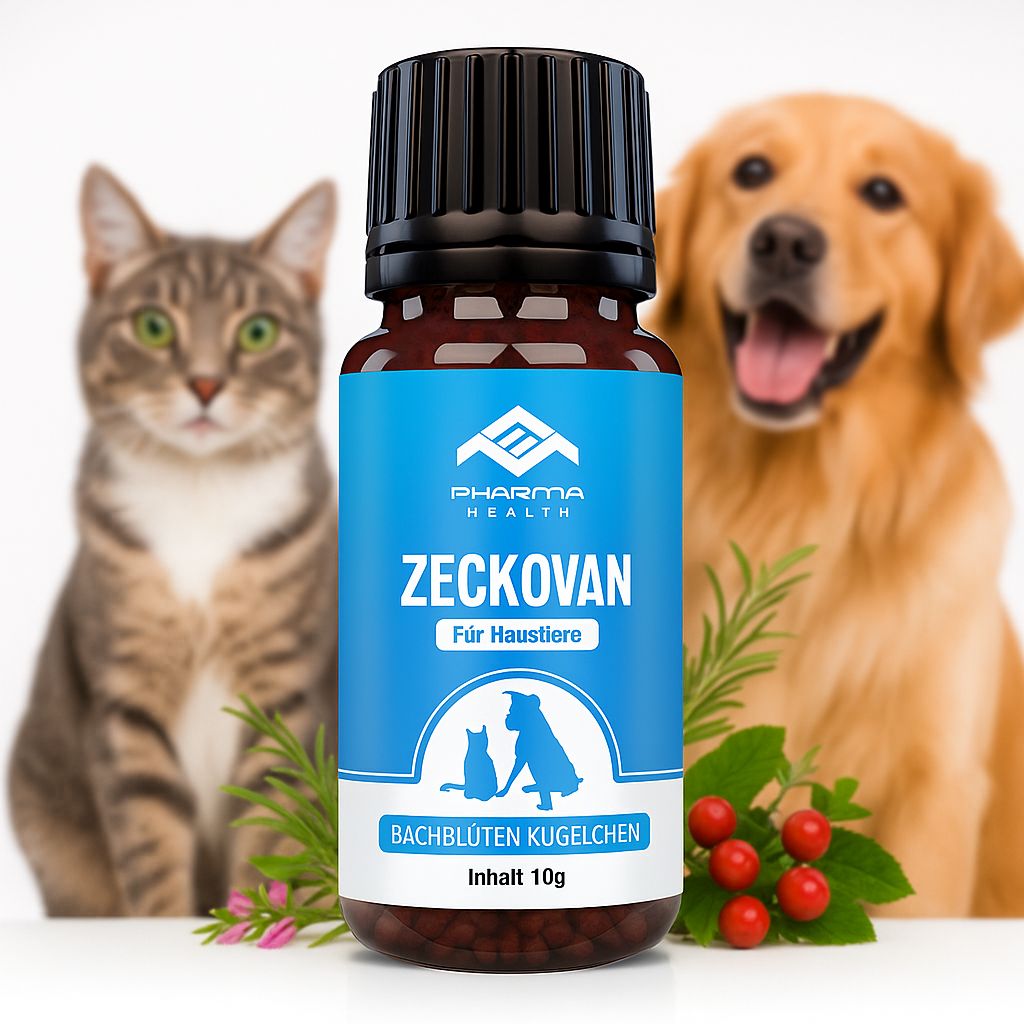 Flacone di vetro marrone con tappo nero. Etichetta blu con nome del prodotto Zeckovan. Gatto e cane sullo sfondo.