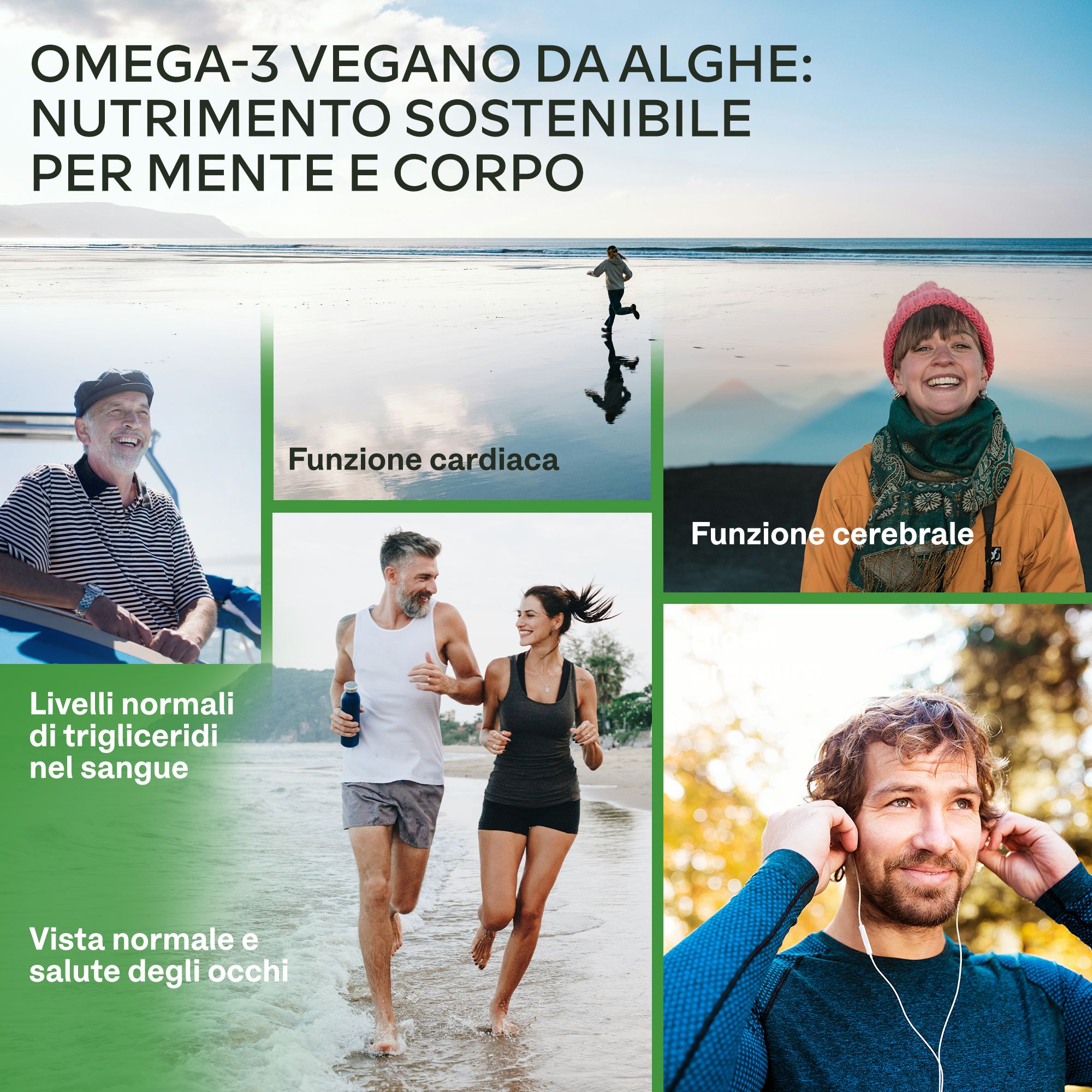 Persone in movimento. Vegan Omega-3 da alghe. Funzione cardiaca, cerebrale, occhi sani, trigliceridi.
