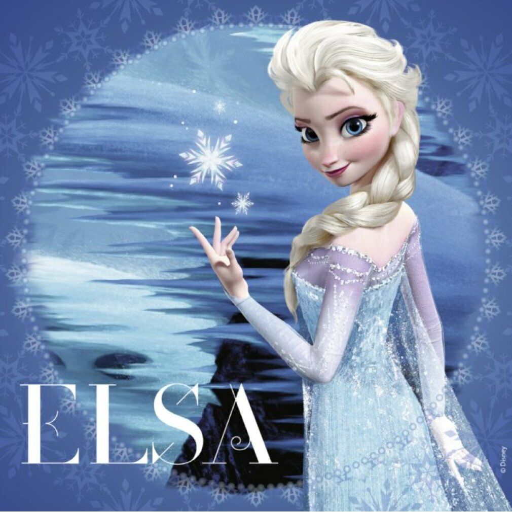 Puzzle di Elsa. Elsa in abito blu, su sfondo blu con fiocchi di neve. Scritta: Elsa.