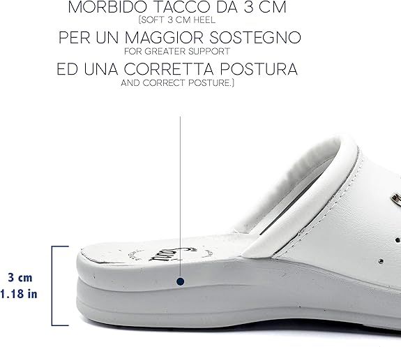 Primo piano di uno zoccolo Sanì bianco. Testo: Tacco morbido da 3 cm per un maggiore sostegno e una postura corretta.