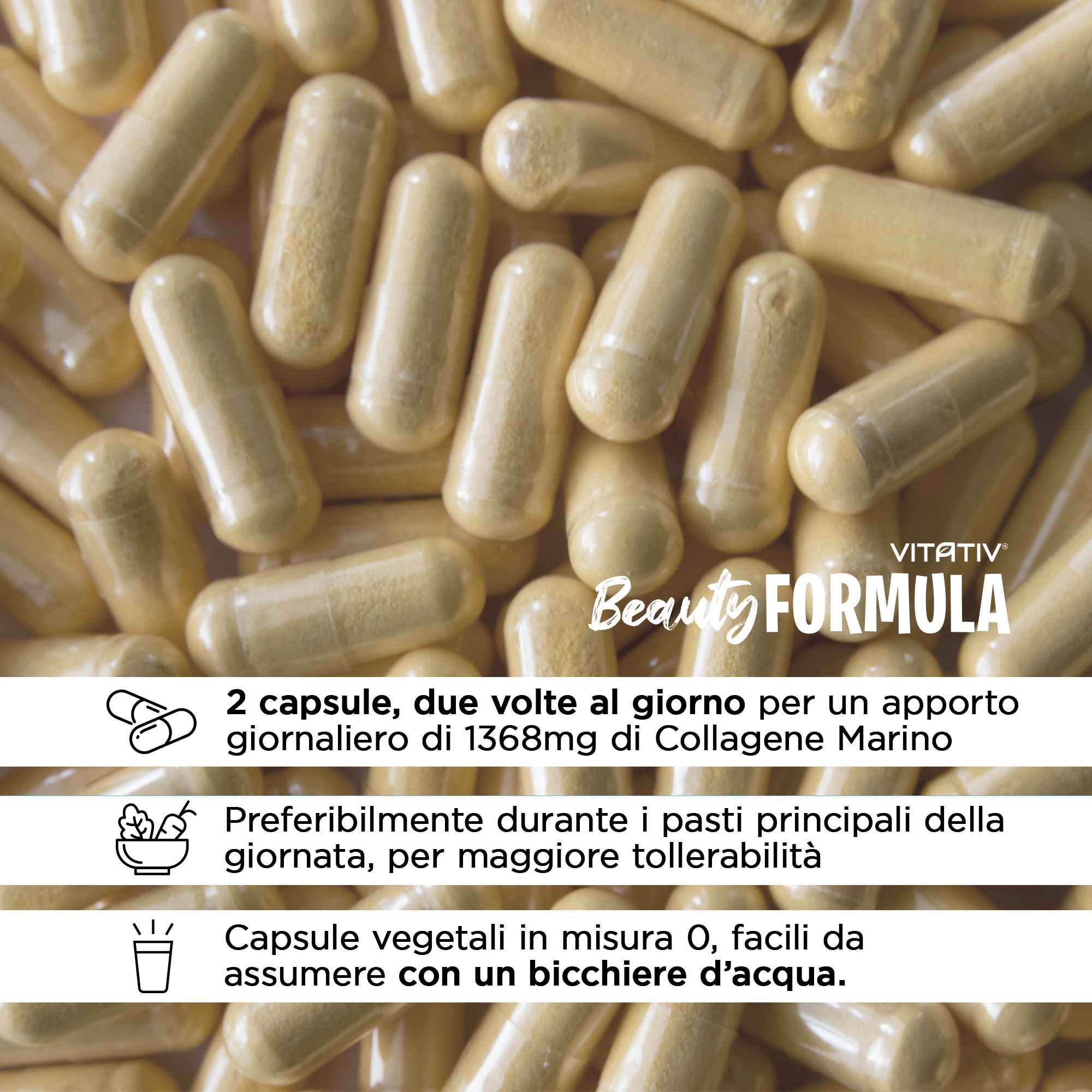 Capsule gialle. Testo: Beauty Formula. Testo: 2 capsule al giorno. Marchio: Vitativ.