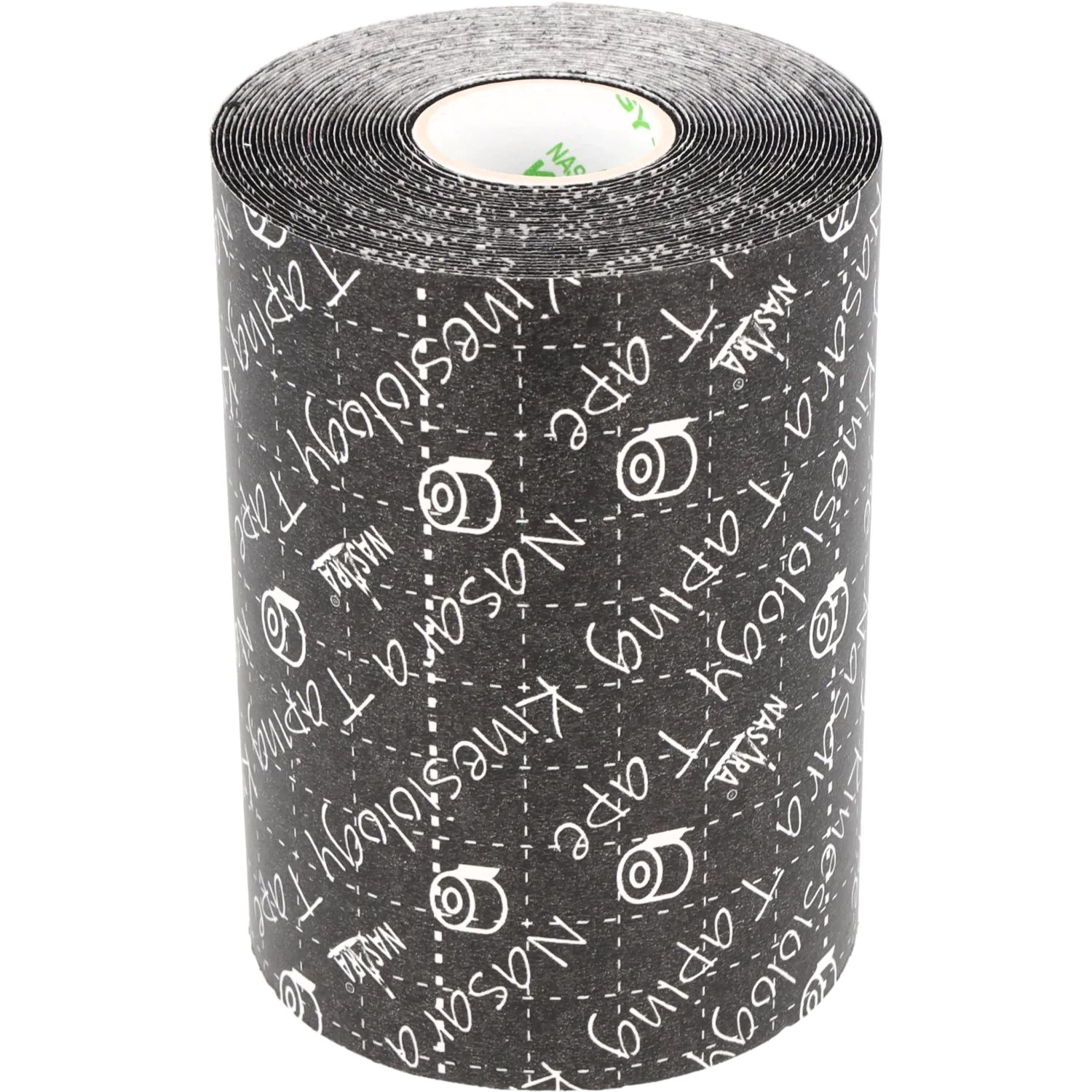 Rotolo di nastro kinesio nero. Il nome del marchio "Nasara Kinesiology Tape" è stampato in bianco. Il nastro è a griglia.